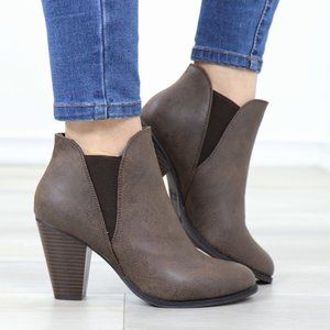 Chelsea Cone High Heel Ankle Boots Brown Synthetic Leather Pointed Toe